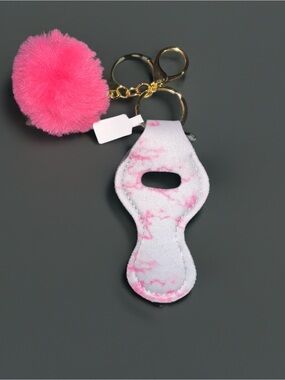 Pink Pom Pom Lip Balm Holder Keychain